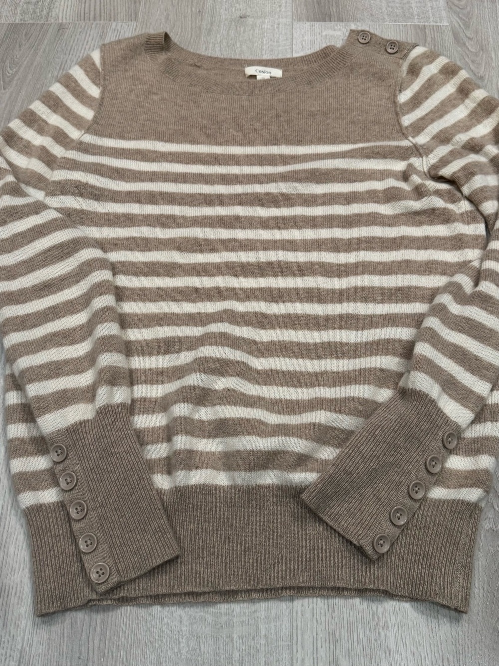 EUC Caslon | Taupe + Cream Striped |Cashmere Button-Cuff Sweater | Size M